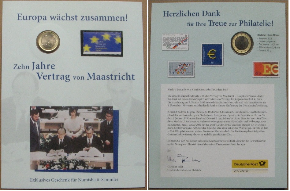  2003, Germany, Numisblatt: „Europe is growing together - ten years of the Maastricht Treaty”   