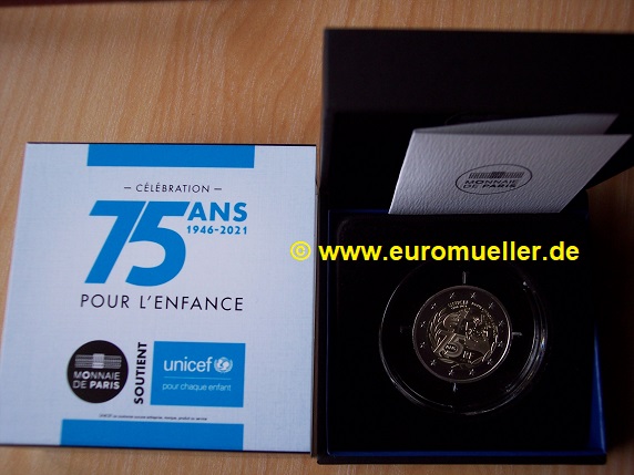 Frankreich 2 Euro Gedenkmünze 2021...UNICEF...PP in Box   
