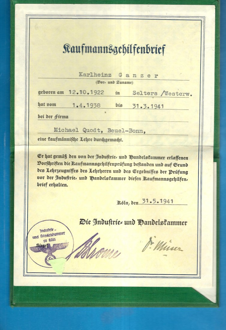  Original III Reich Kaufmannsgehilfenbrief Golden Gate Münzenankauf Frank Maurer Koblenz K214   