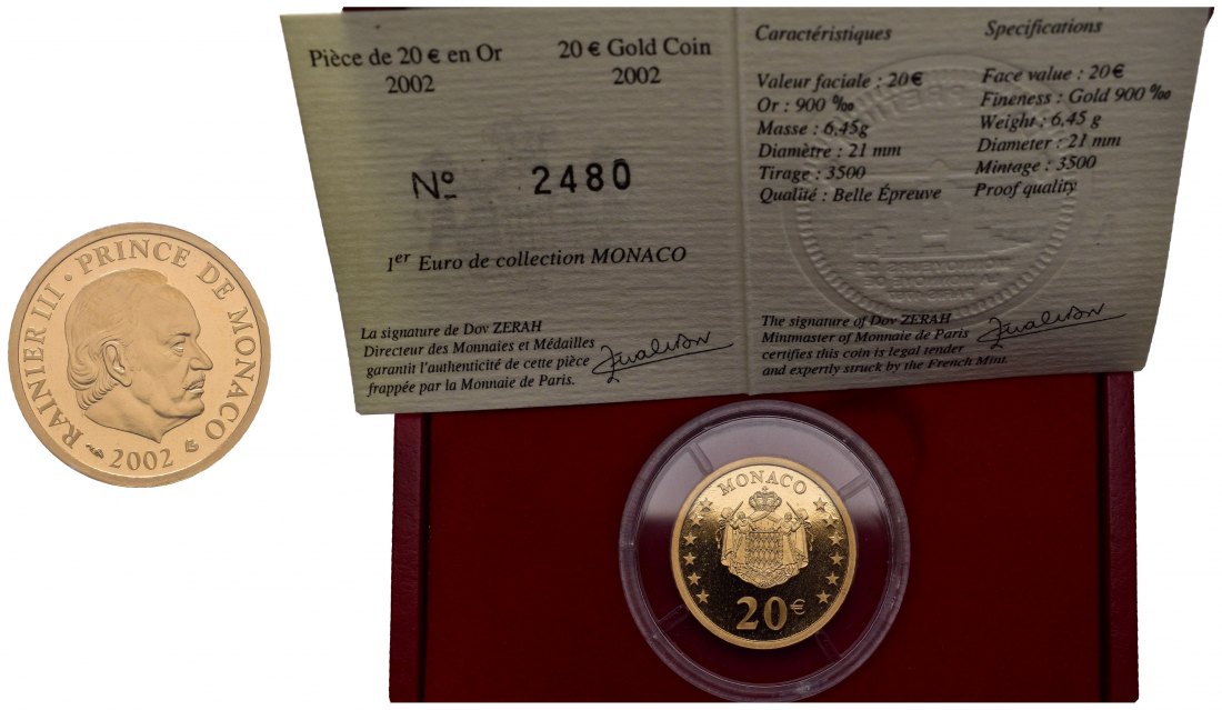 PEUS 7970 Monaco 5,81 g Feingold. Rainer III. (1949 - 2005) incl. Etui + Zertifikat 20 Euro GOLD 2002 Proof (Kapsel)