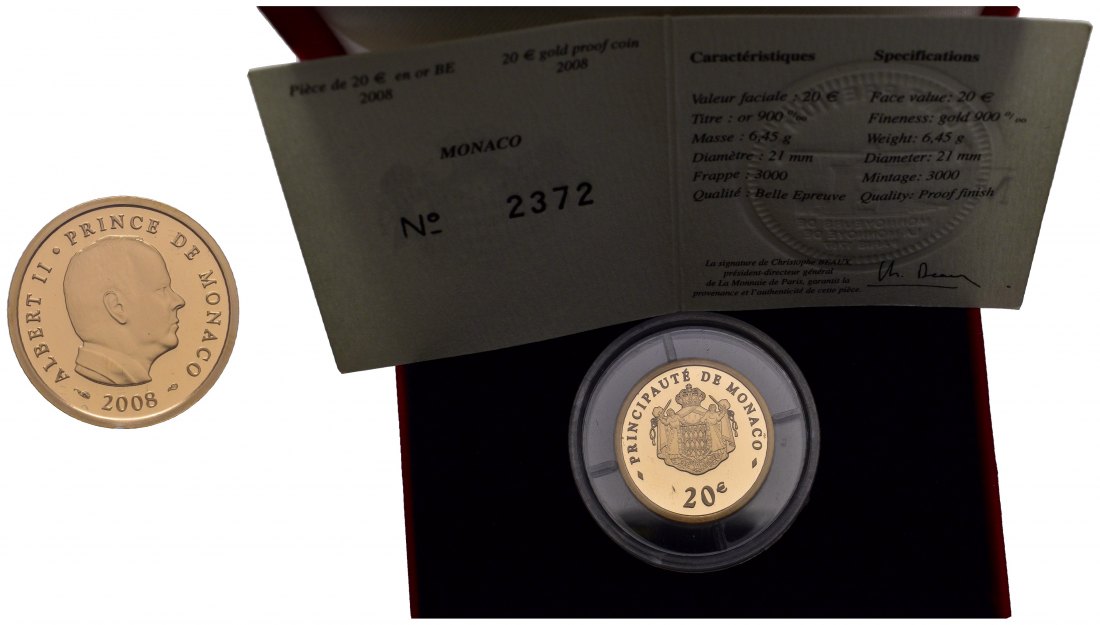PEUS 7973 Monaco 5,81 g Feingold. Albert II. (2005 - heute) incl. Etui + Zertifikat 20 Euro GOLD 2008 Proof (Kapsel)