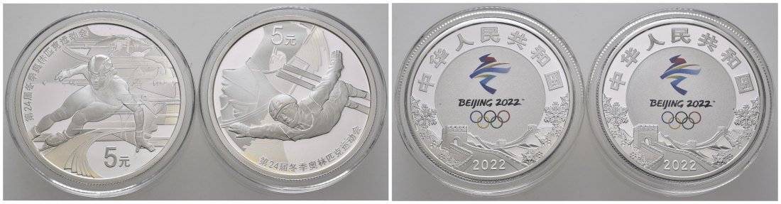 PEUS 7921 China Insg. 30 g Feinsilber. Olympiade Bejing - Ski Freestyle + Eisschnelllauf 5 Yuan-Lot SILBER (2 Münzen) 2022 Proof (Kapsel)