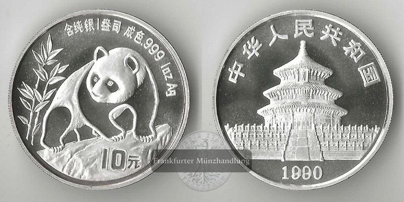  China,  10 Yuan  1990  Panda   FM-Frankfurt  Feinsilber: 31,1g   