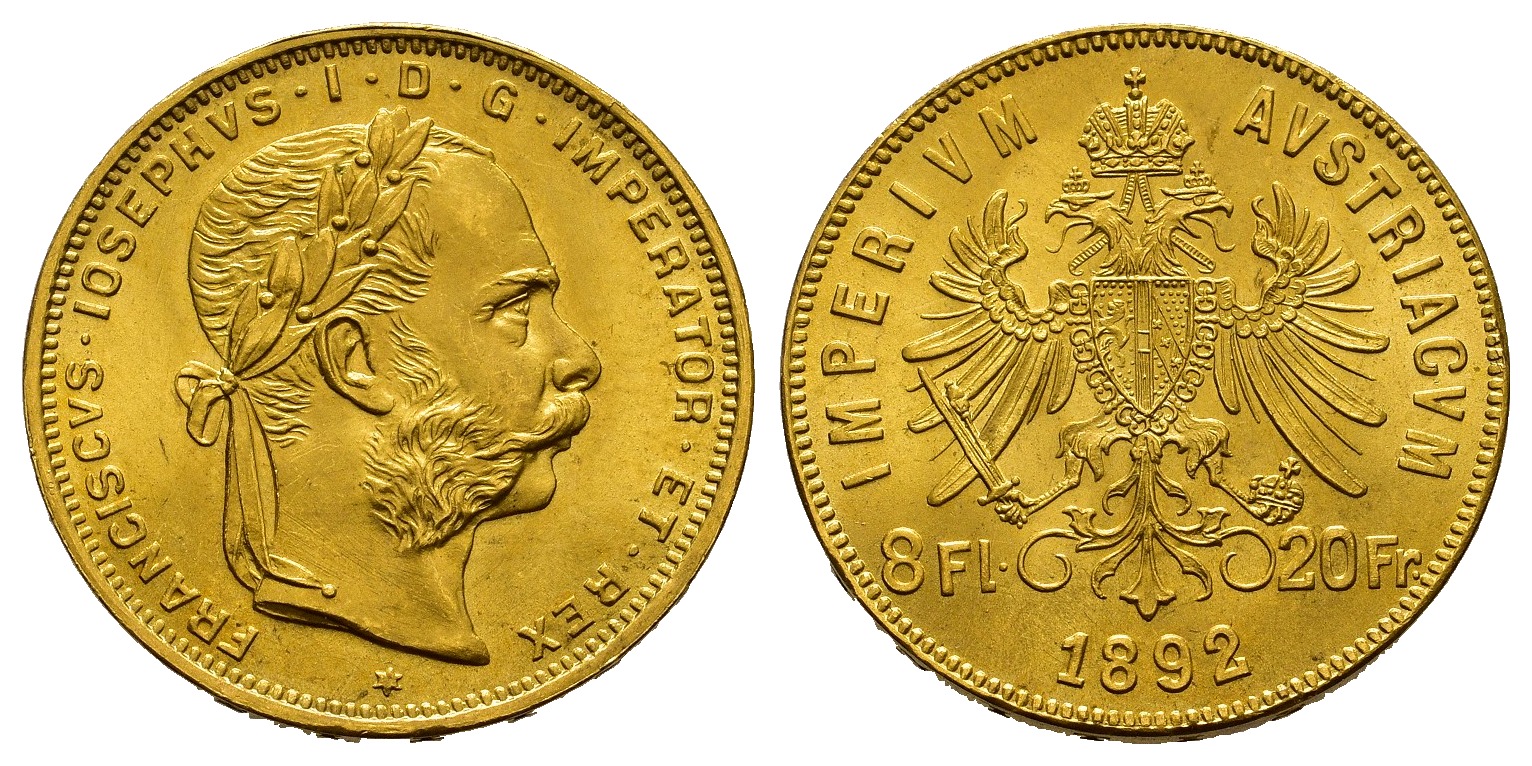 PEUS 8034 Österreich 5,81 g Feingold. Franz Joseph I. (1848 - 1916) 8 Gulden (NP) GOLD 1892 Stempelglanz
