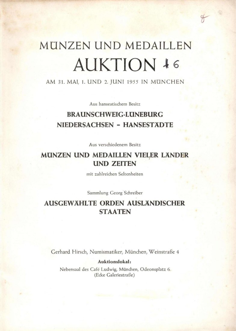  Hirsch (München) Auktion 06 (1955) Braunschweig-Lüneburg Teil 2./ Hohnstein ,Stolberg ,Niedersachsen   