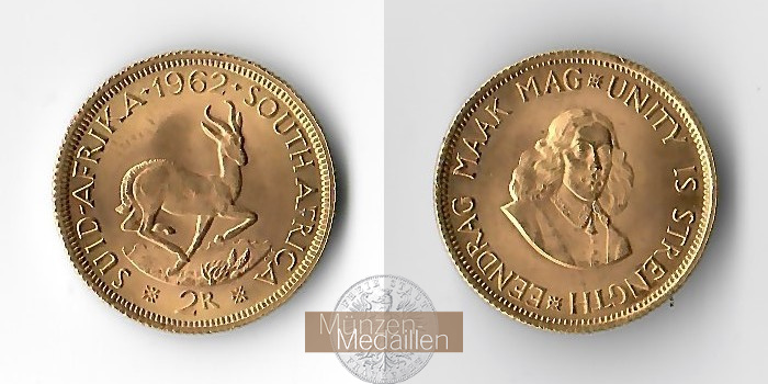 Südafrika  2 Rand MM-Frankfurt   Feingold: 7,32g Springbock 1962 
