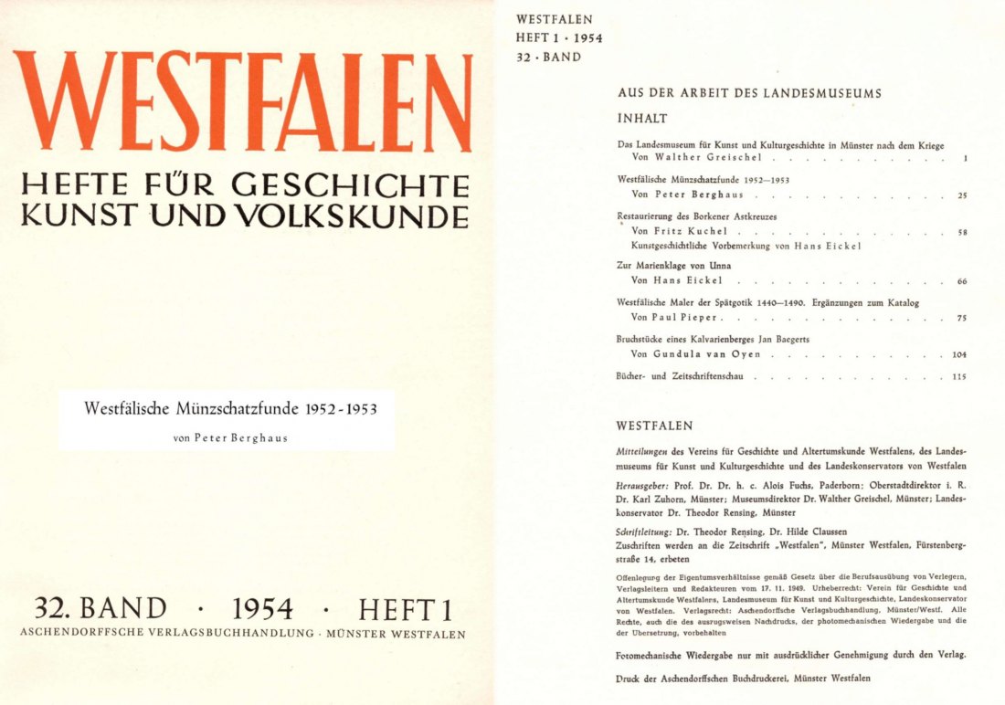  Berghaus - Westfälische Münzschatzfunde 1952-1953 aus WESTFALEN  Hefte für Geschichte 32 Band 1954   