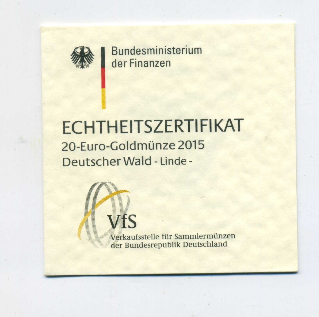  Zertifikat Original für 20 Euro Goldmünze 2015 Linde nur Zertifikat   