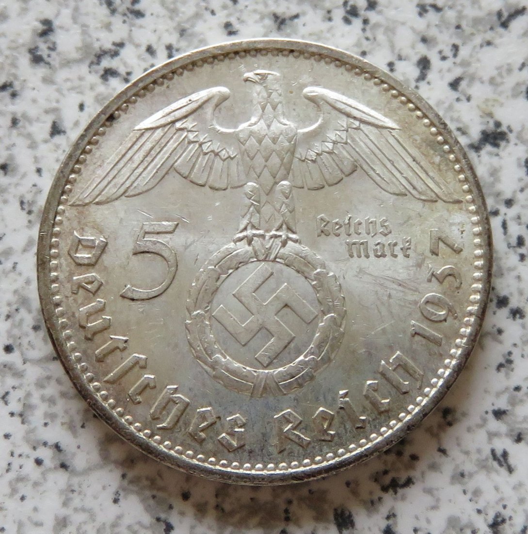  Drittes Reich 5 Reichsmark 1937 A, mHK, bessere Erhaltung   