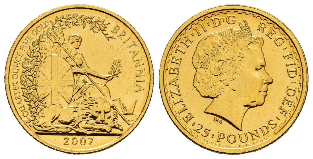 PEUS 8157 Grossbritannien 7,78 g Feingold. Britannia 25 Pounds GOLD 1/4 Unze 2007 Kl. Kratzer, Vorzüglich