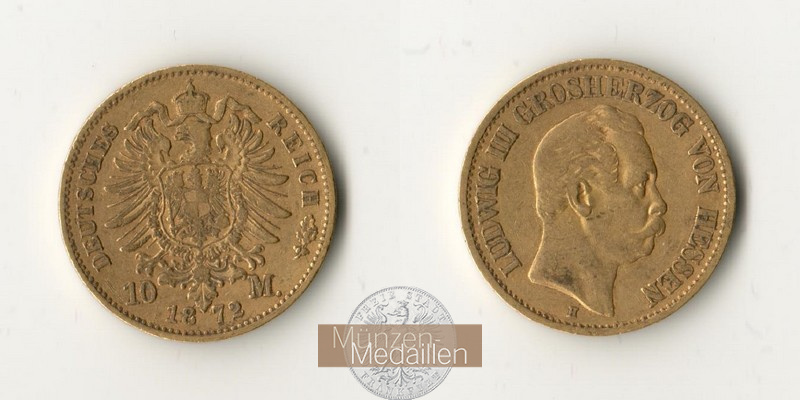 Hessen, Kaiserreich  10 Mark MM-Frankfurt Feingold: 3,58g Ludwig III. 1848-1877 1872 H 