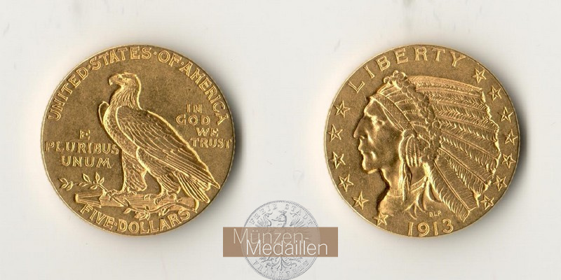 USA  5 Dollars MM-Frankfurt Feingold: 7,52g Indian Head 1913 