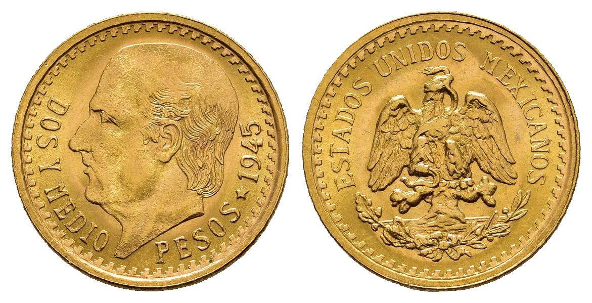 PEUS 8280 Mexiko 1,88 g Feingold. Miguel Hidalgo y Costilla 2 1/2 Pesos GOLD 1945 Fast Stempelglanz