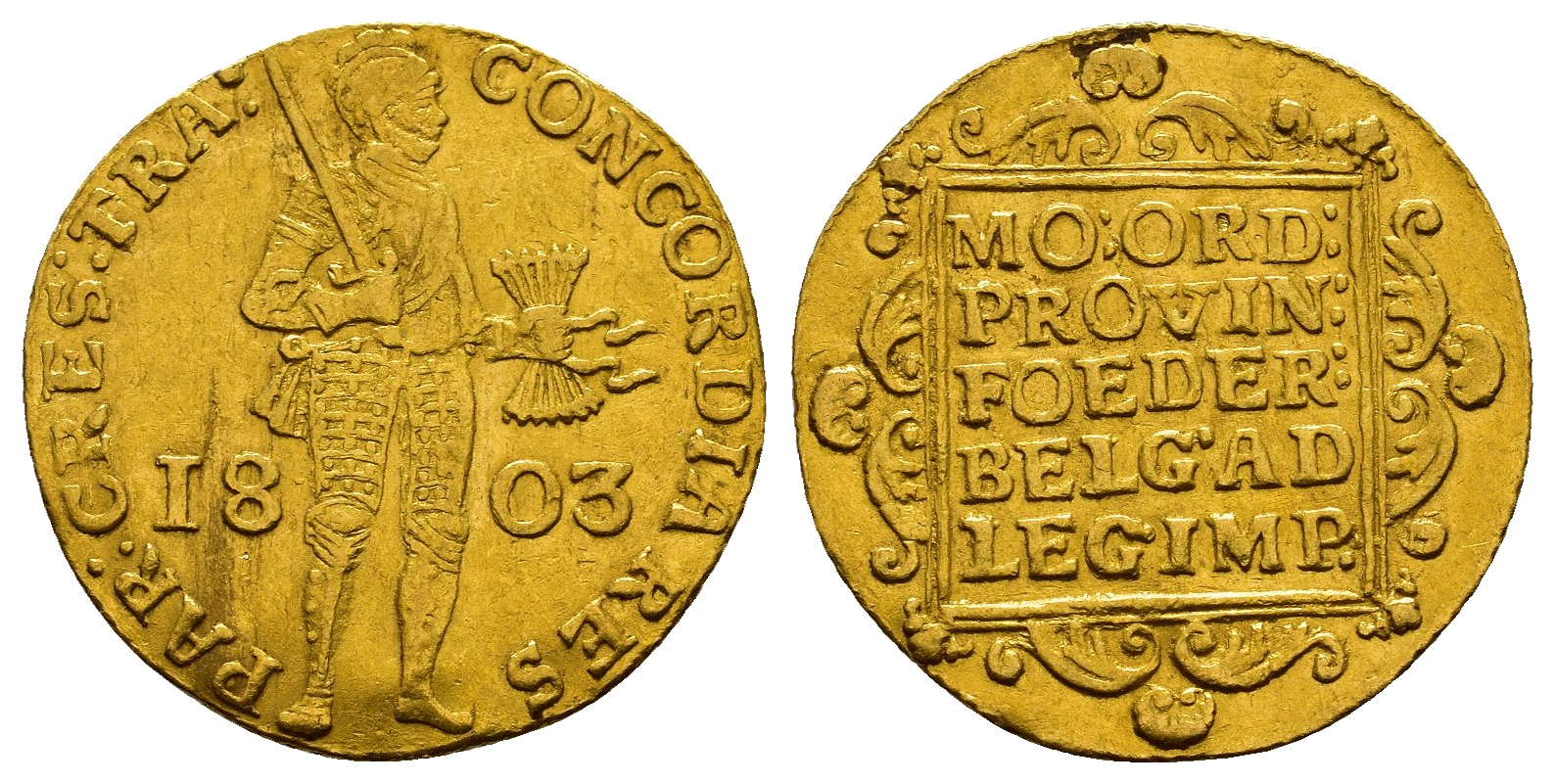 PEUS 8282 Niederlande 3,43 g Feingold. Ritter mit Schwert + Pfeilbündel 1 Dukat GOLD 1803 Sehr schön