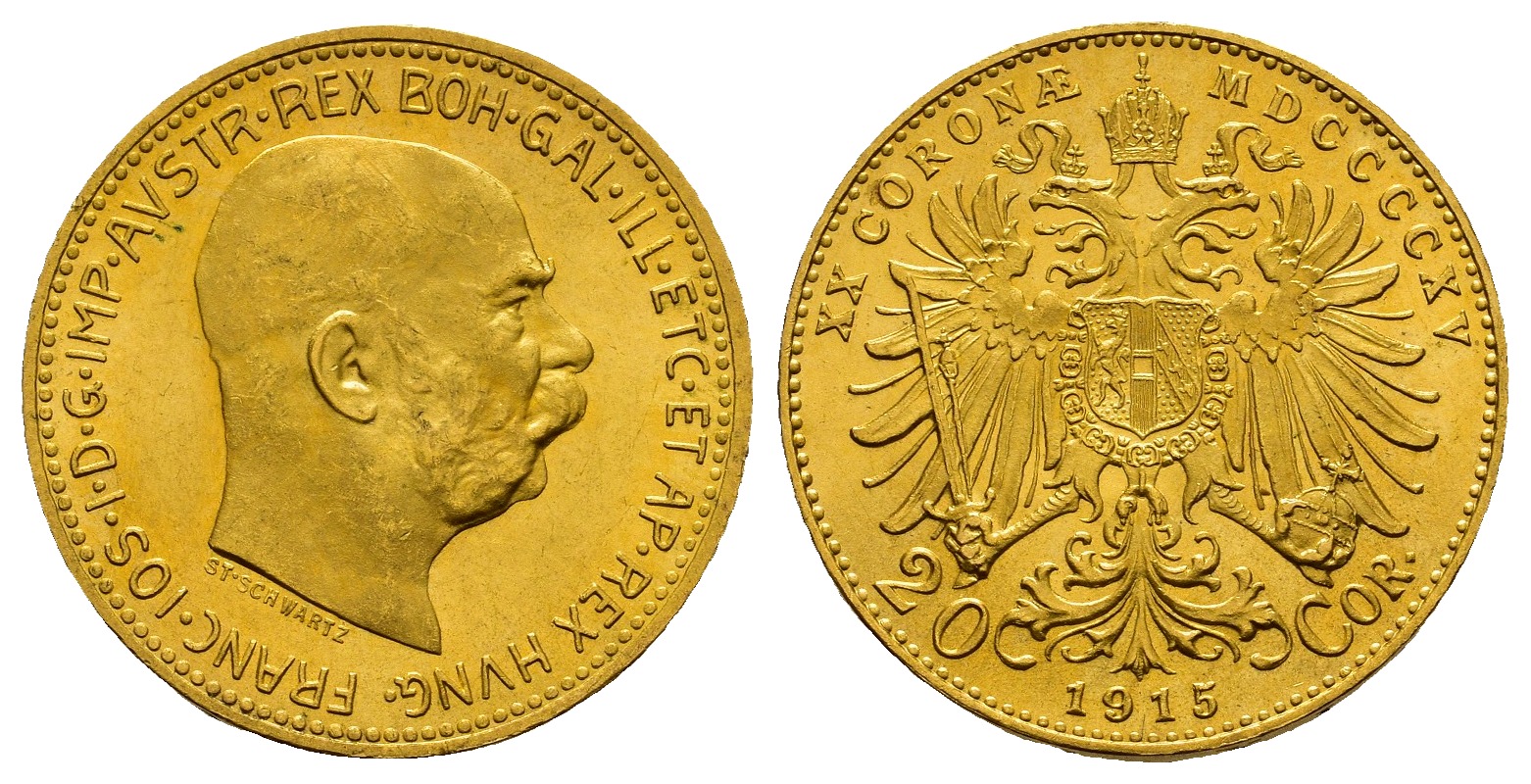 PEUS 8283 Österreich 6,1 g Feingold. Franz Joseph I. (1848 - 1916) 20 Kronen (off.NP) GOLD 1915 Stempelglanz