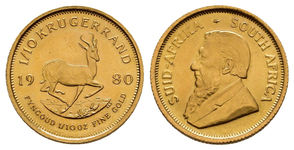 PEUS 8285 Süd-Afrika 3,11 g Feingold 1/10 Krügerrand GOLD 1/10 Unze 1980 Vorzüglich