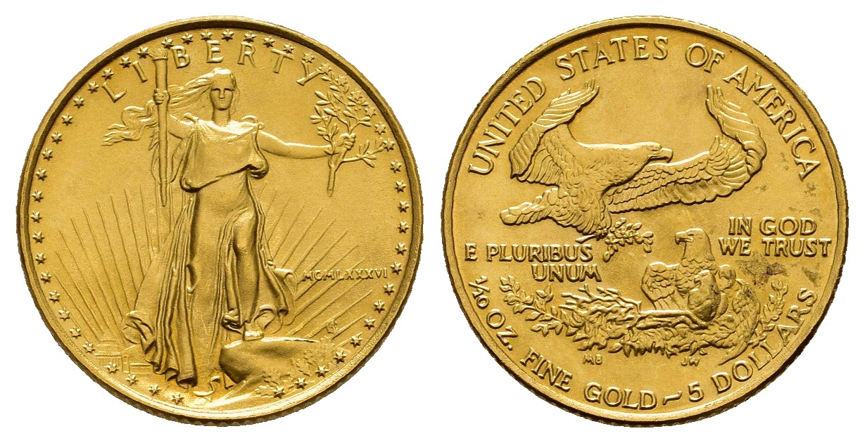 PEUS 8290 USA 3,11 g Feingold 5 Dollars GOLD 1/10 Unze 1986 Stempelglanz