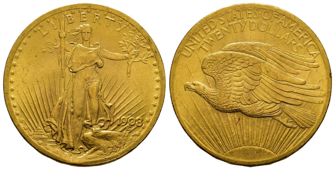 PEUS 8293 USA 30,1 g Feingold. St. Gaudens 20 Dollars GOLD 1908 D Sehr schön