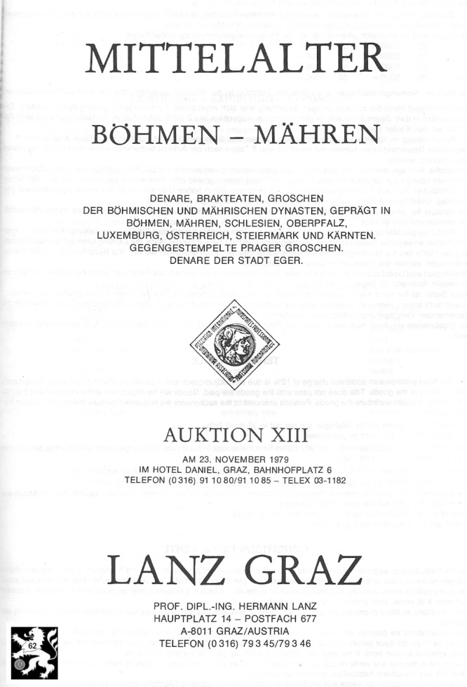  Lanz (Graz) Auktion 13 (1979) Sammlung Hohenkubin - MITTELALTER Böhmen & Mähren   