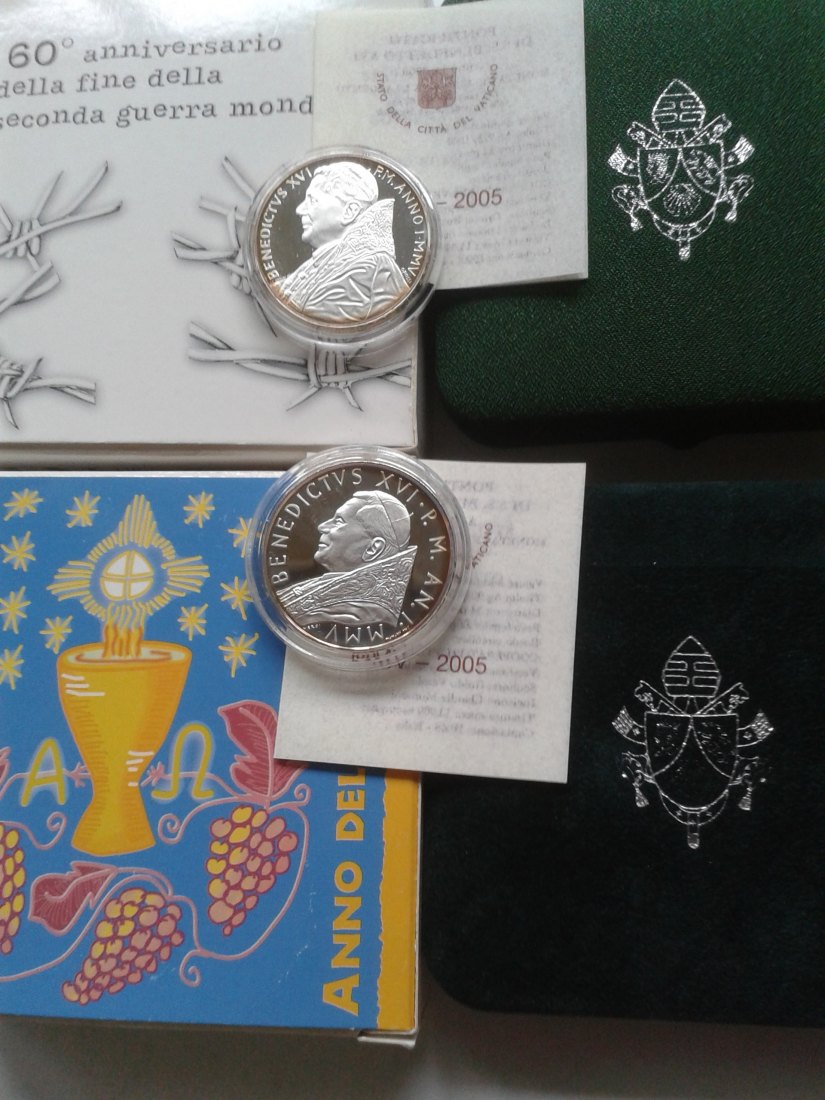  Original 5+10 euro 2005 PP Vatikan Papst Benedikt XVI. 60 Jahre Frieden + Eucharistie 40g Silber   