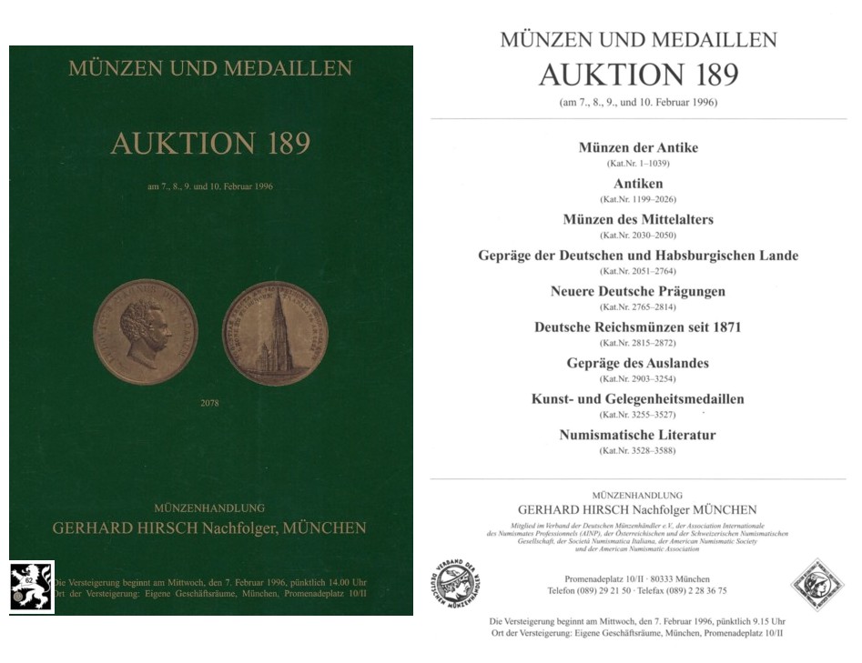  Hirsch (München) Auktion 189 (1996) Münzen der Antike ,Mittelalter und Neuzeit & Antike Kleinkunst   