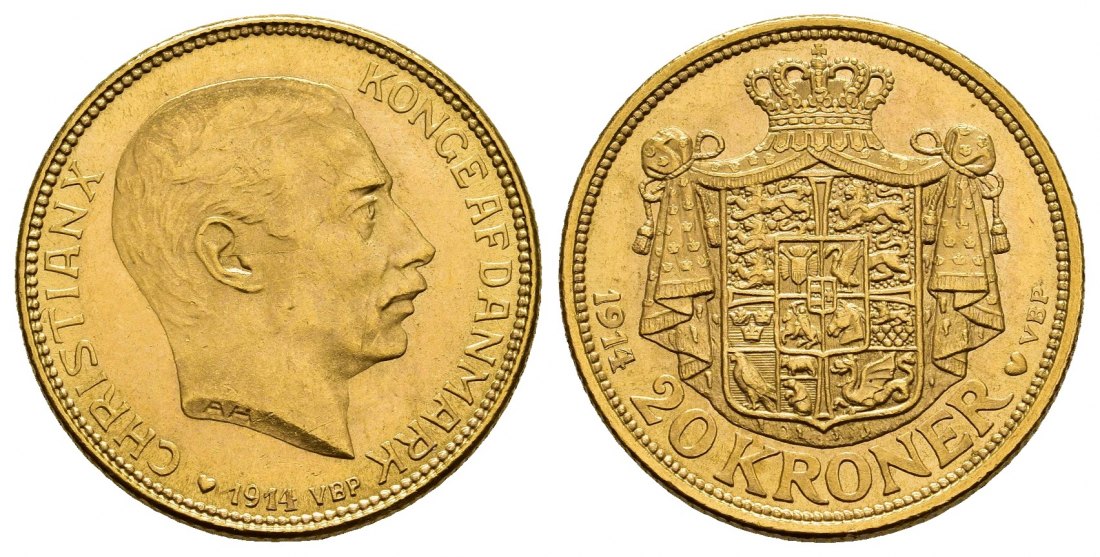PEUS 8446 Dänemark 8,06 g Feingold. Kopenhagen Christian X. (1912 - 1947) 20 Kroner GOLD 1914 VBP Kl. Kratzer, Vorzüglich +