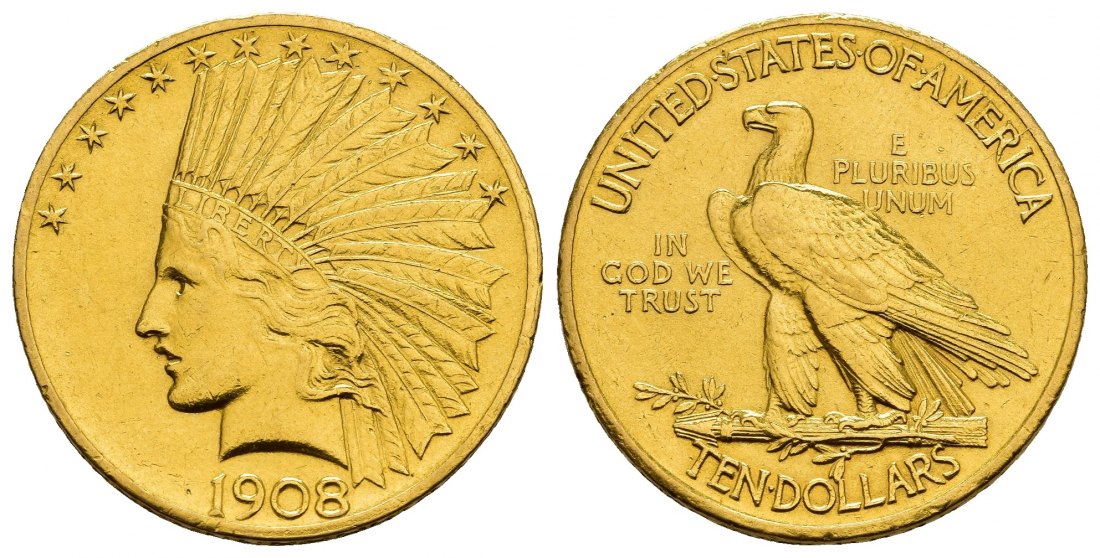 PEUS 8450 USA 15,05 g Feingold. Indian Head 10 Dollars GOLD 1908 Kl. Kratzer, Sehr schön +