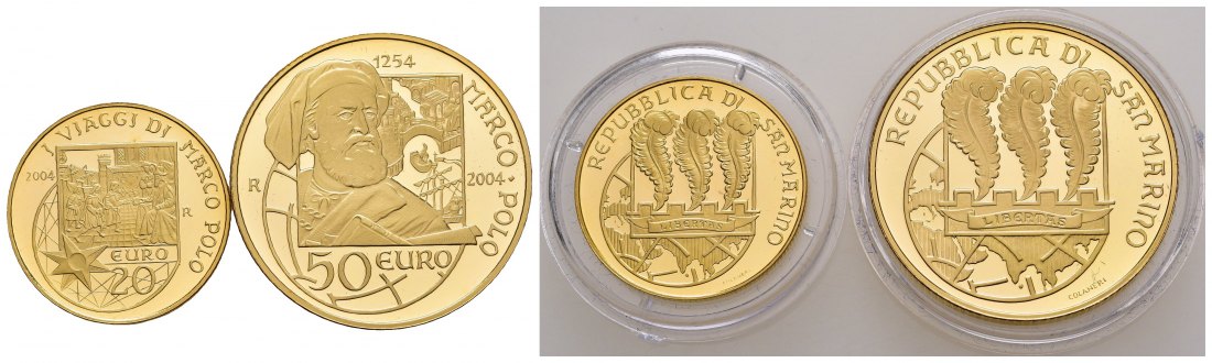 PEUS 8451 San Marino Insg. 20,32 g Feingold. Marco Polo 20 + 50 Euro GOLD (2 Münzen) 2004 R Proof (Kapsel)