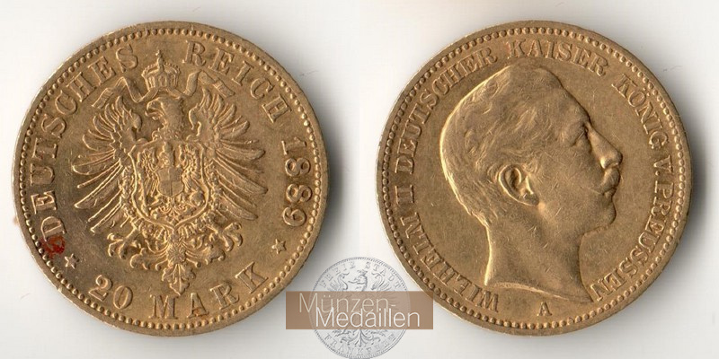 Preussen, Kaiserreich  20 Mark MM-Frankfurt Feingold: 7,168g Wilhelm II. 1888-1918 1898 A 