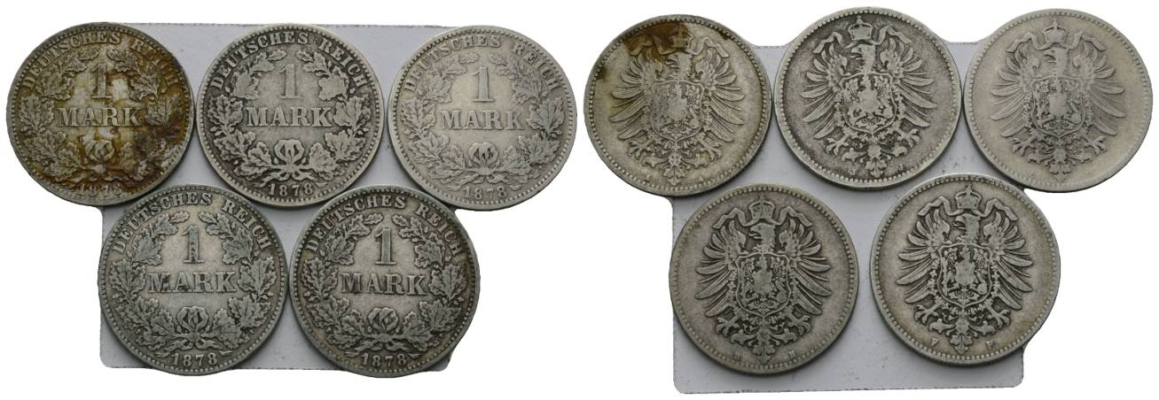 Deutsches Reich, 1 Mark 1878, 5 Stück, Prägestätte A,B,G,F,J   