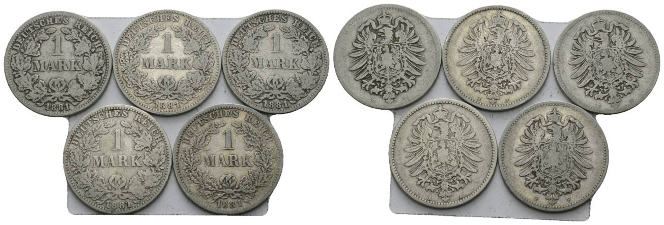  Deutsches Reich, 1 Mark 1881, 5 Stück, Prägestätte A,D,E,F,J   
