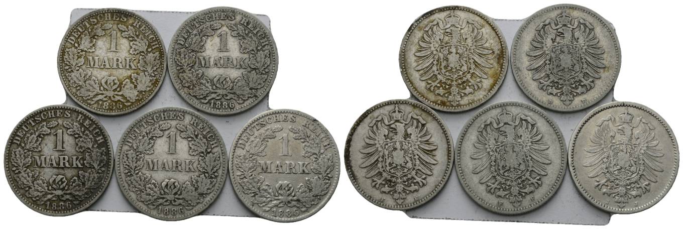  Deutsches Reich, 1 Mark 1886, 5 Stück, Prägestätte A,D,E,F,J   