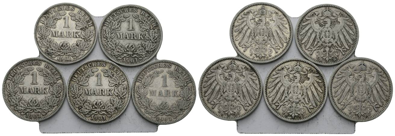  Deutsches Reich, 1 Mark 1901, 5 Stück, Prägestätte D,E,F,G,J   