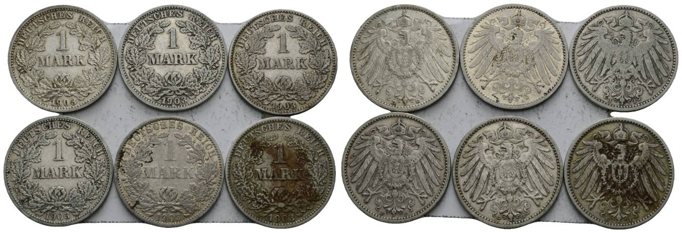  Deutsches Reich, 1 Mark 1903, 6 Stück, Prägestätte A,D,E,F,G,J   
