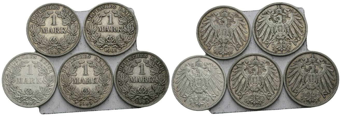  Deutsches Reich, 1 Mark 1905, 5 Stück, Prägestätte A,D,E,G,J   