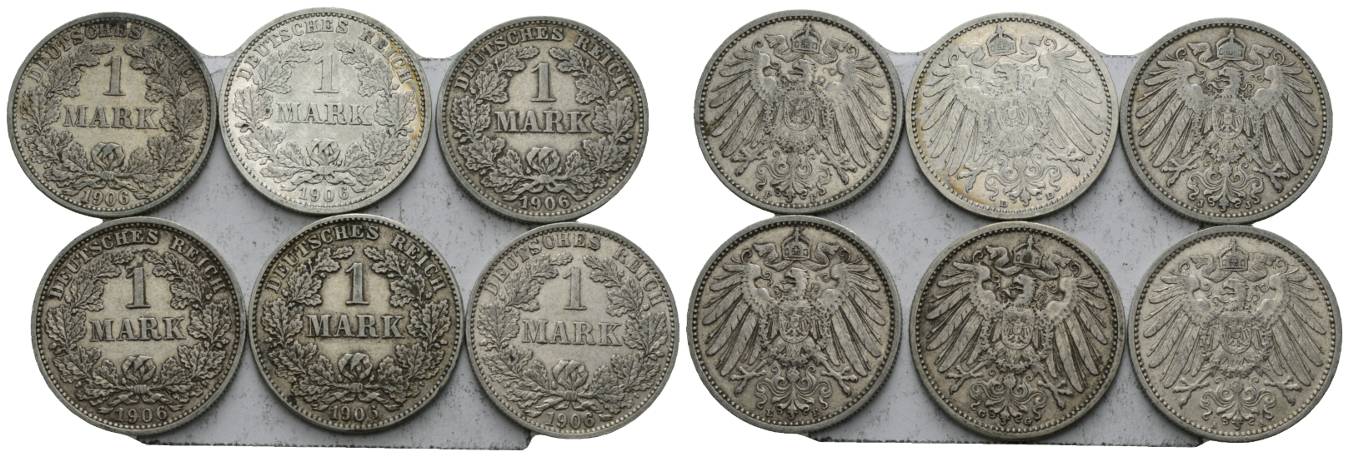  Deutsches Reich, 1 Mark 1906, 6 Stück, Prägestätte A,D,E,F,G,J   
