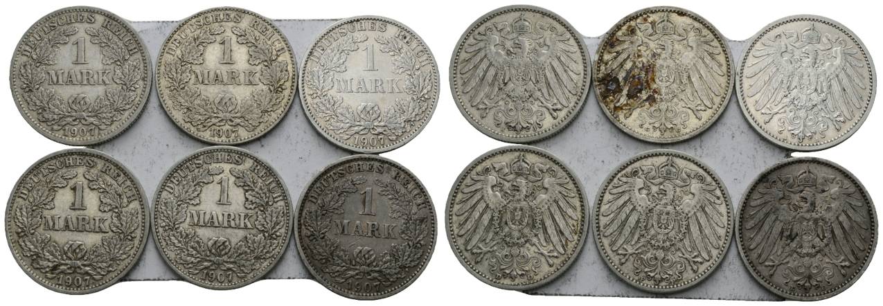  Deutsches Reich, 1 Mark 1907, 6 Stück, Prägestätte A,D,E,F,G,J   