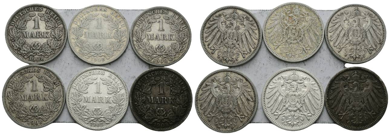  Deutsches Reich, 1 Mark 1908, 6 Stück, Prägestätte A,D,E,F,G,J   
