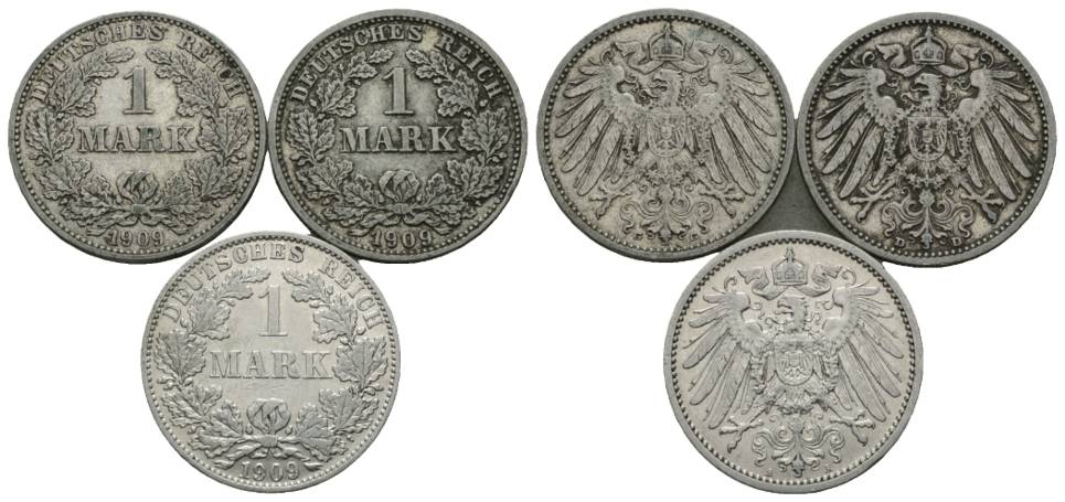  Deutsches Reich, 1 Mark 1909, 3 Stück, Prägestätte A,D,G   