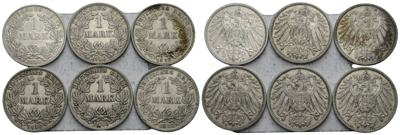  Deutsches Reich, 1 Mark 1910, 6 Stück, Prägestätte A,D,G,E,F,G   