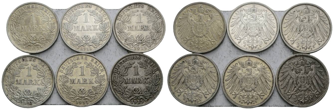  Deutsches Reich, 1 Mark 1911, 6 Stück, Prägestätte A,D,G,E,F,G   
