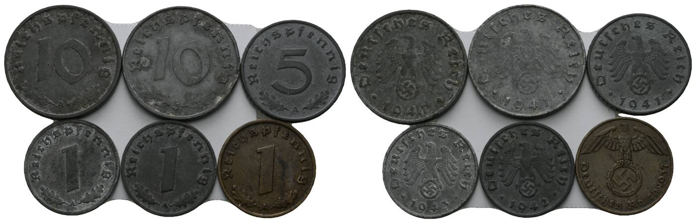  Deutsches Reich, 6 Kleinmünzen 1937/1941/1942/1943   