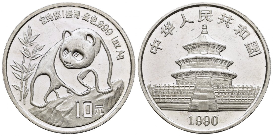 PEUS 8464 China Volksrepublik 31,1 g Feinsilber. Panda Bär auf Fels 10 Yuan SILBER Unze 1990 Kl. Kratzer, Vorzüglich +