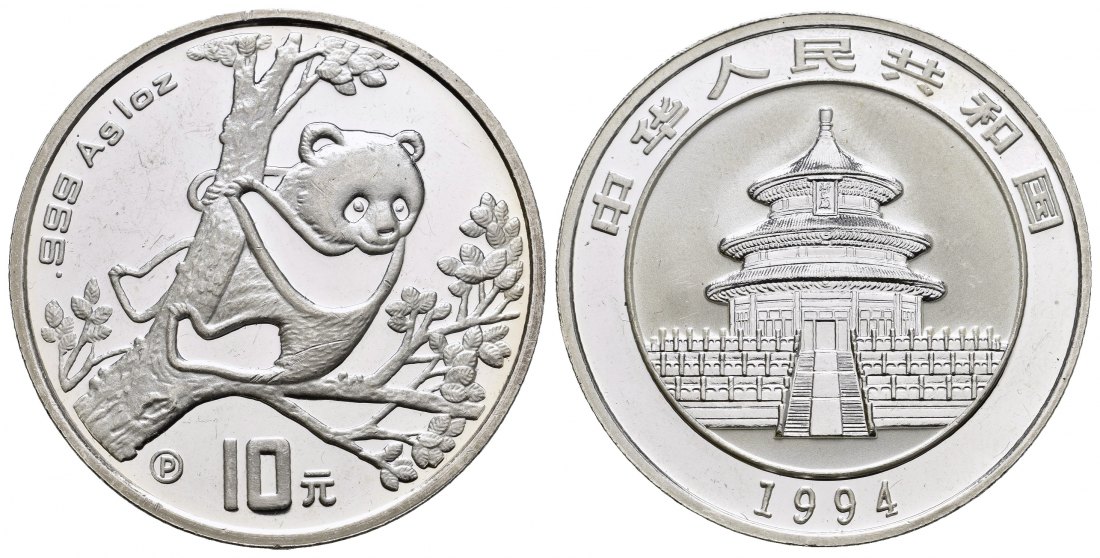 PEUS 8468 China Volksrepublik 31,1 g Feinsilber. Panda sitzt auf einem Ast 10 Yuan SILBER Unze 1994 P Kl. Kratzer, Vorzüglich +