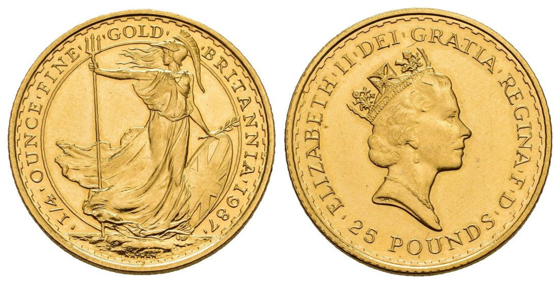 PEUS 8471 Grossbritannien 7,78 g Feingold. Britannia 25 Pounds GOLD 1/4 Unze 1987 Kl. Kratzer, Vorzüglich +