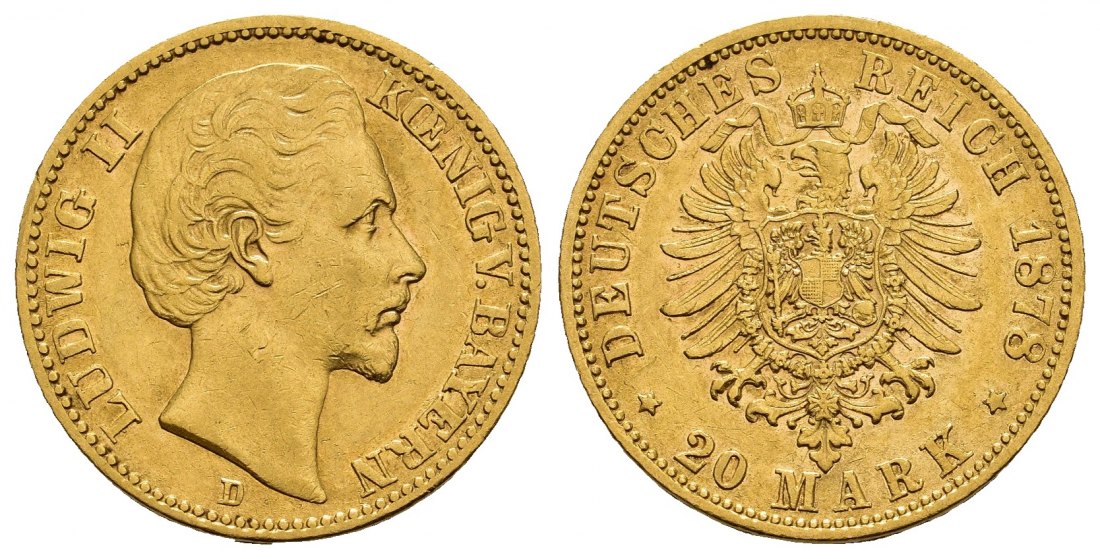 PEUS 8474 Bayern 7,17 g Feingold. Ludwig II. 20 Mark GOLD 1878 D Sehr schön