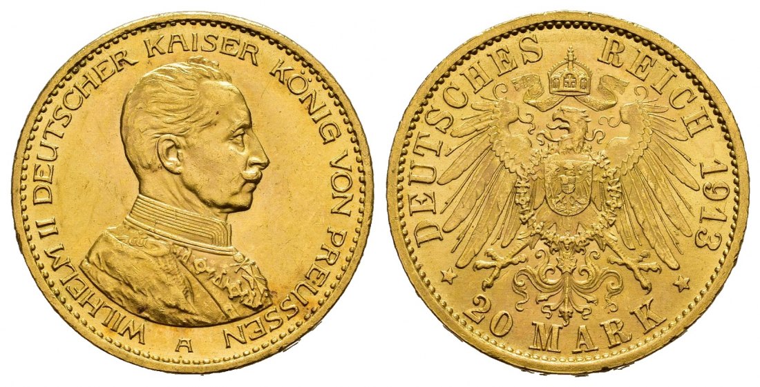PEUS 8622 Preußen - Kaiserreich 7,16 g Feingold. Kaiser Wilhelm II. (1888 - 1918) in Kürassieruniform 20 Mark GOLD 1913 A Kl. Kratzer, Vorzüglich