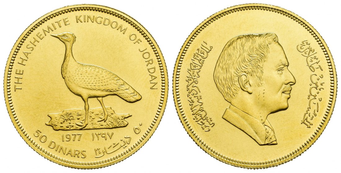 PEUS 8625 Jordanien 30,15 g Feingold. Hussein Ibn Talal / Vogel 50 Dinars GOLD AH1397-1977 Uncirculated