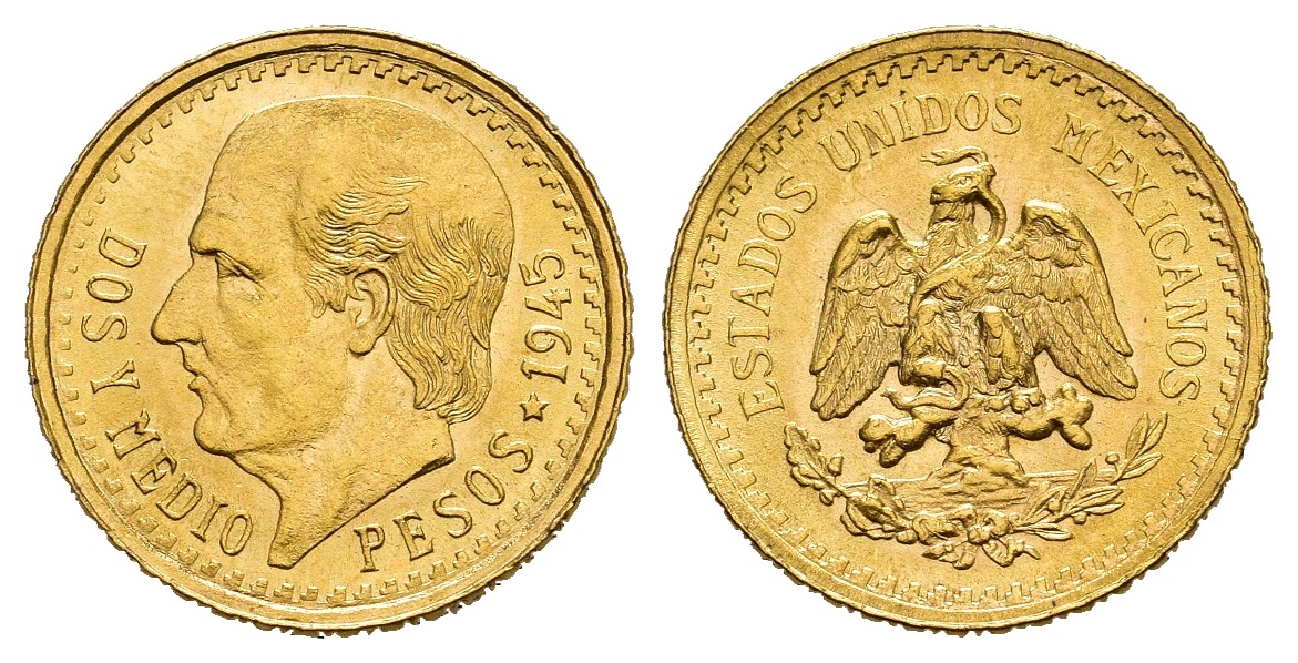 PEUS 8626 Mexiko 1,88 g Feingold. Miguel Hidalgo y Costilla 2 1/2 Pesos GOLD 1945 Fast Stempelglanz