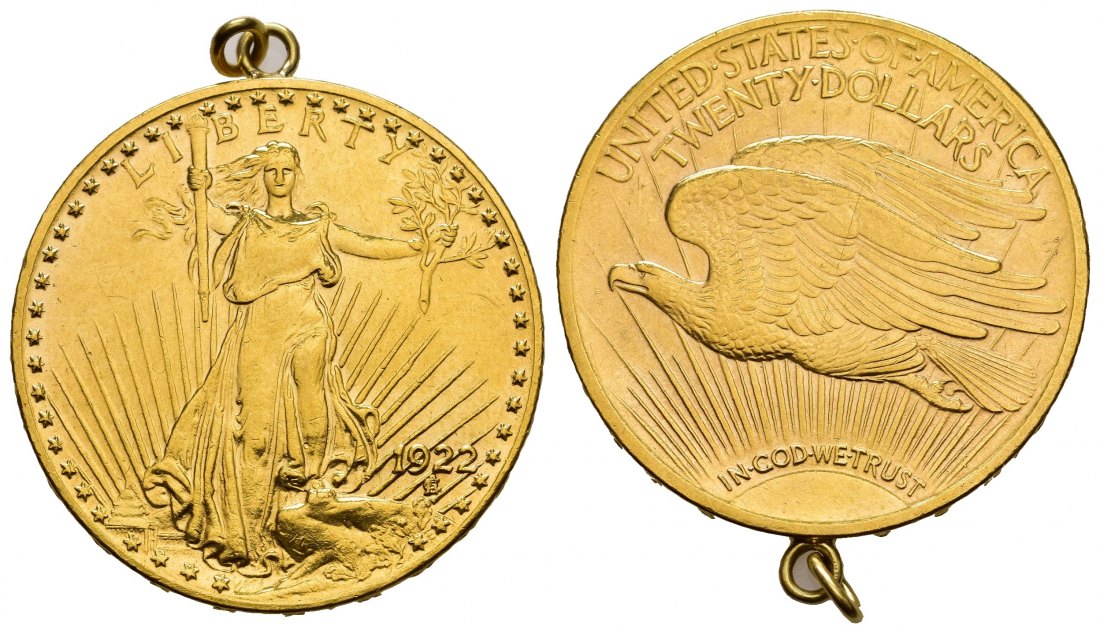 PEUS 8628 USA 30,1 Feingold. St. Gaudens 20 Dollars GOLD 1922 Kl. Kratzer, gehenkelt, sehr schön +